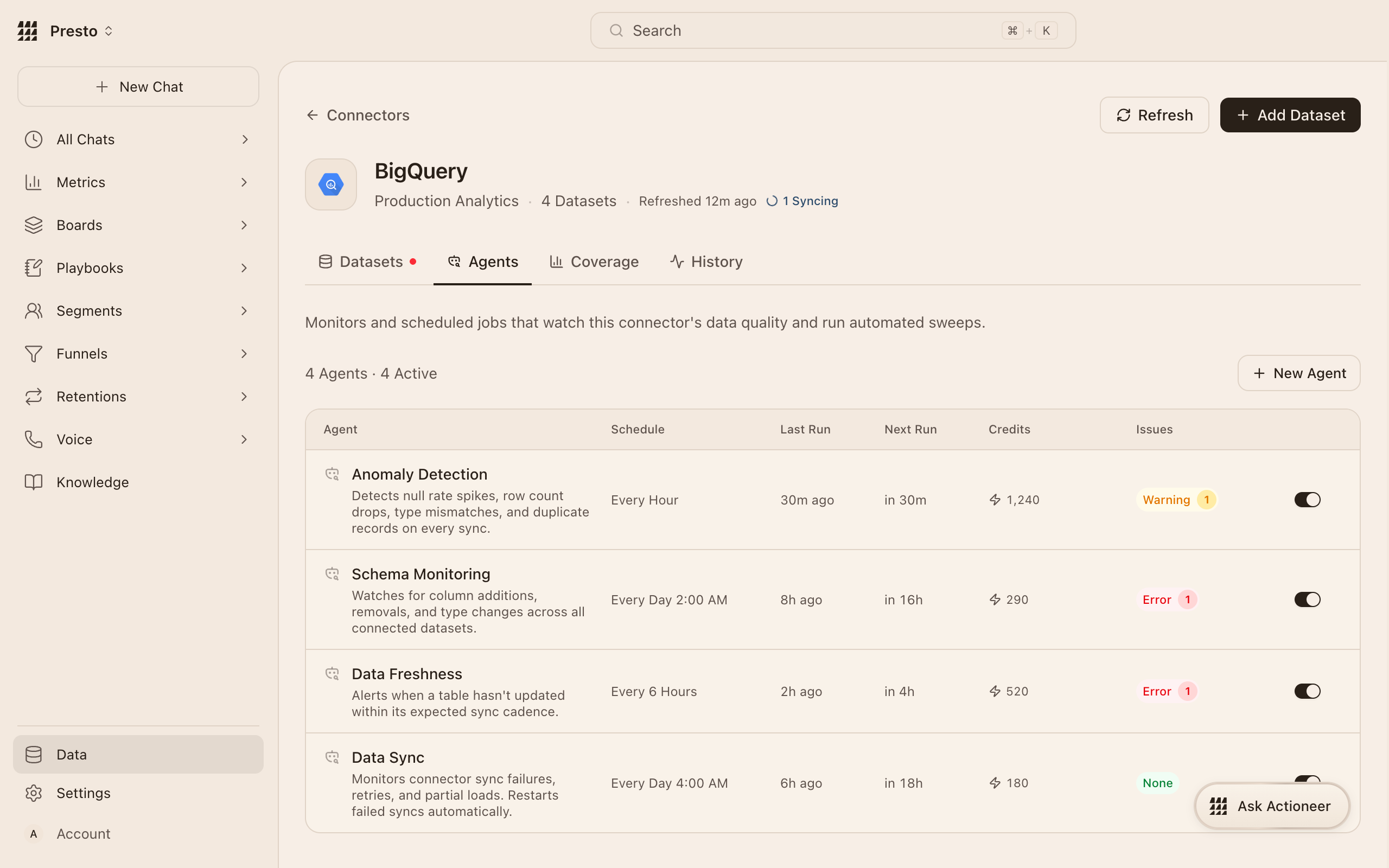 Actioneer monitoring agents — automated data-quality watchers with schedules, run history, and issue alerts